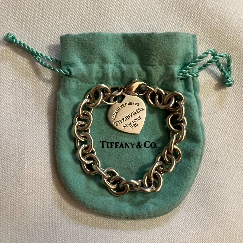 Please Return To Tiffany & Co. Sterling Blue Enamel Heart Tag Link Bracelet 7"